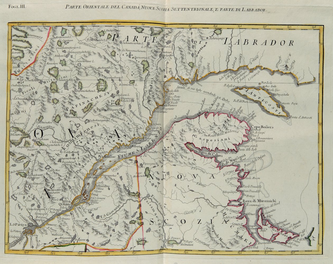 Parte leste do Canadá, norte da Nova Escócia e parte do Labrador, gravura de G. Zuliani tirada de Tome I do "Atlas Mais Novo" publicado em Veneza em 1778 por Antonio Zatta, Coleção Particular de G. Zuliani