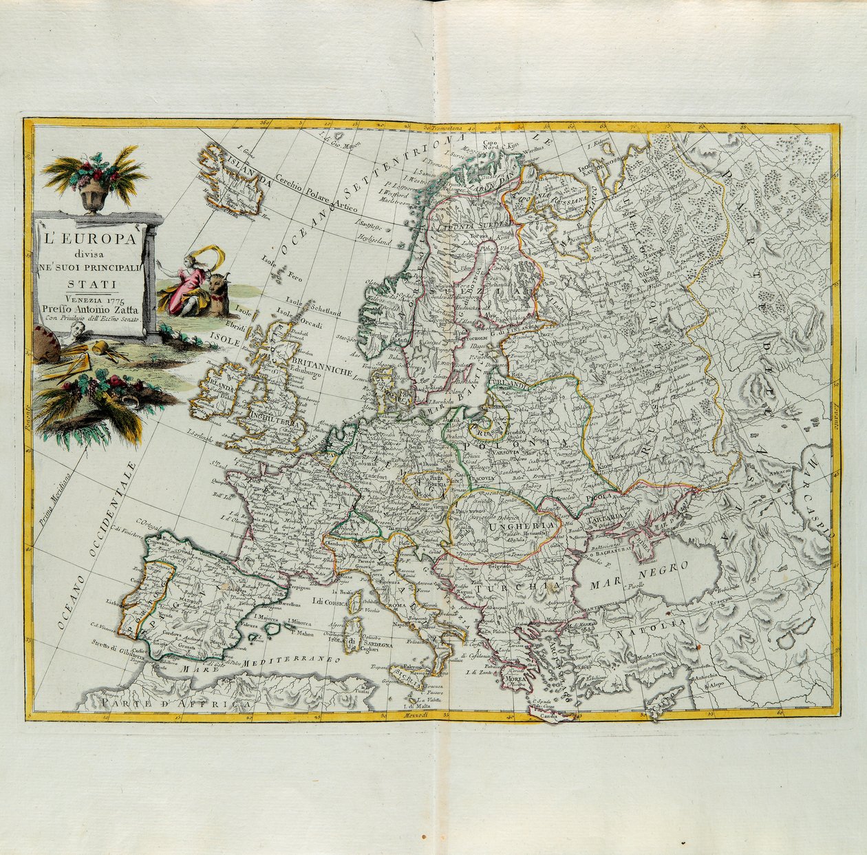 A Europa dividiu-se em seus principais estados, gravada por G. Zuliani tirada de Tomé do Novo Atlas publicada em Veneza em 1776 por Antonio Zatta, Coleção Particular de G. Zuliani