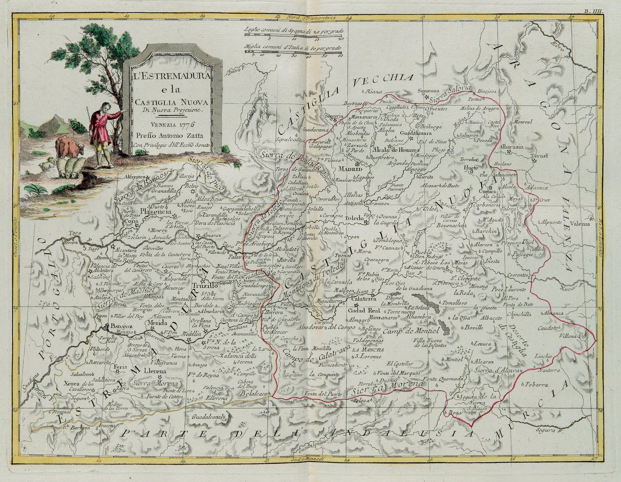Extremadura e Castilla la Nueva, gravura de G. Zuliani tirada de Tome I do mais novo Atlas publicado em Veneza em 1776 por Antonio Zatta, Private Collection de G. Zuliani