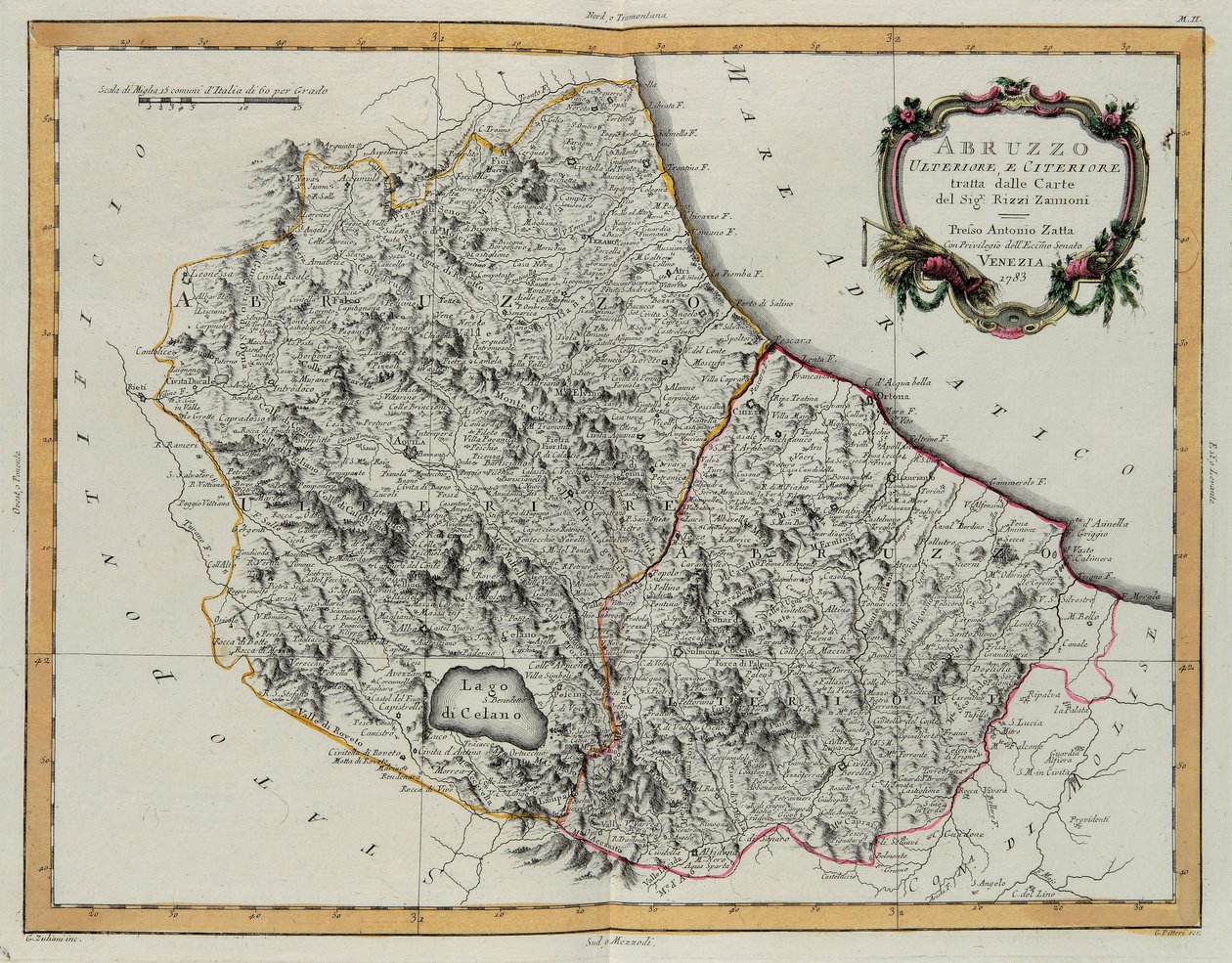 Farther and Hither Abruzzo, gravura de G. Zuliani tirada de Tome II do "Atlas Mais Novo" publicado em Veneza em 1783 por Antonio Zatta, Coleção Particular de G. Zuliani