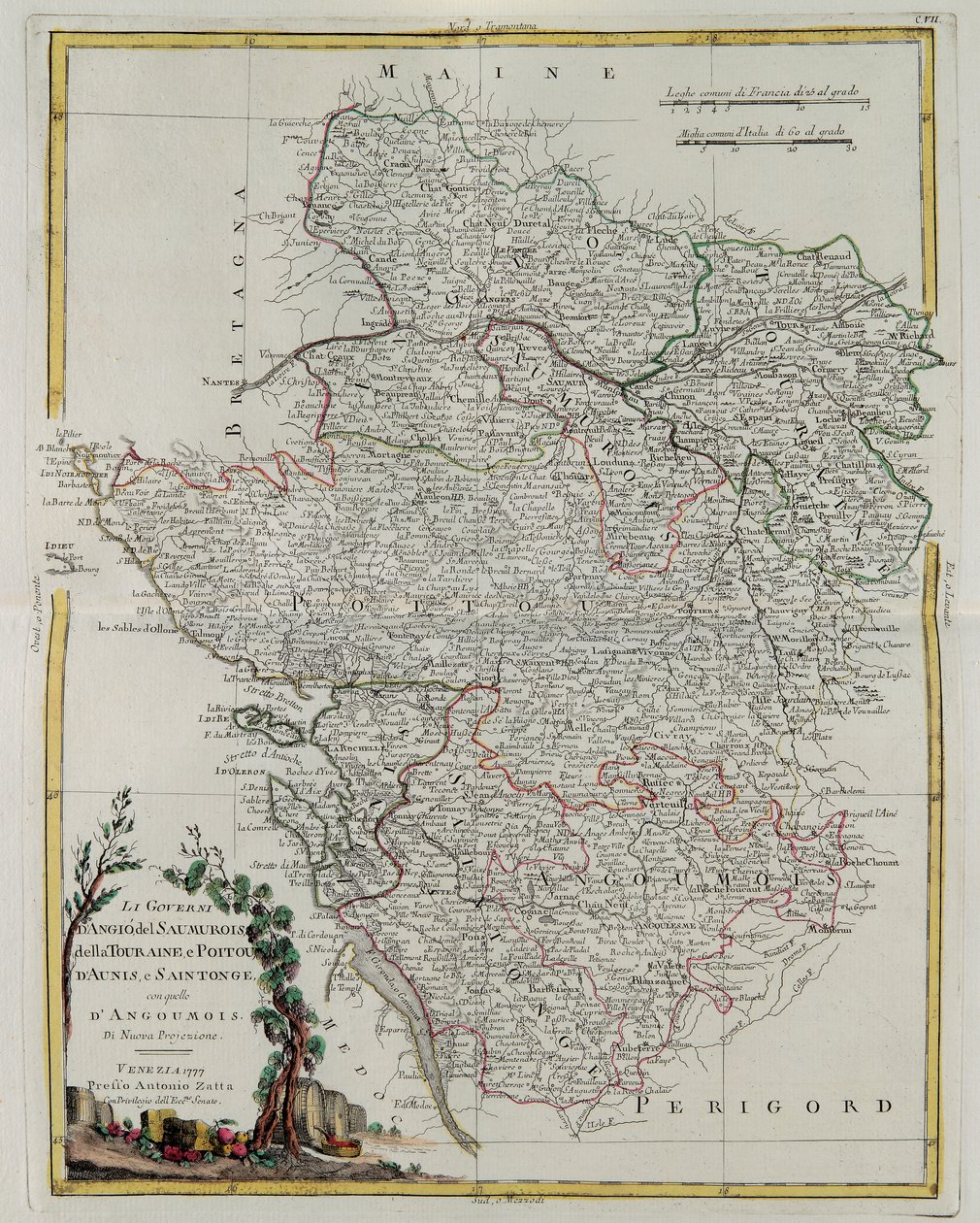 Governos de Anjou, Saumurois, Touraine e Poitou, Aunis e Saintonge com o de Anjoumois, gravura de G. Zuliani tirada de Tomé I do Atlas mais novo publicado em Veneza em 1777 por Antonio Z de G. Zuliani