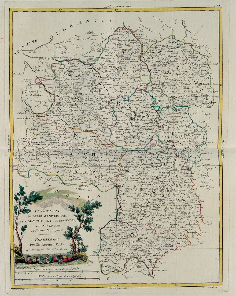 Governos de Berri, Nivernois, Marche, Bourbon e Auvergne, gravura de G. Zuliani tirada de Tomé I do Atlas mais Novo publicado em Veneza em 1776 por Antonio Zatta, Coleção Particular de G. Zuliani