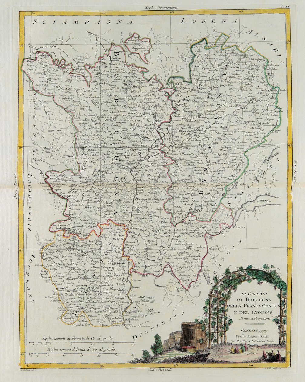Governos da Borgonha, Franca Contea e Lyon, gravura de G. Zuliani tirada de Tomé I do Atlas mais novo publicado em Veneza em 1777 por Antonio Zatta, Coleção Particular de G. Zuliani