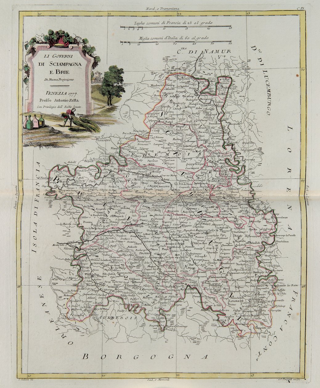 Governances of Champagne and Brie, gravura de G. Zuliani tirada de Tome I do Newest Atlas publicada em Veneza em 1777 por Antonio Zatta, Coleção Particular de G. Zuliani