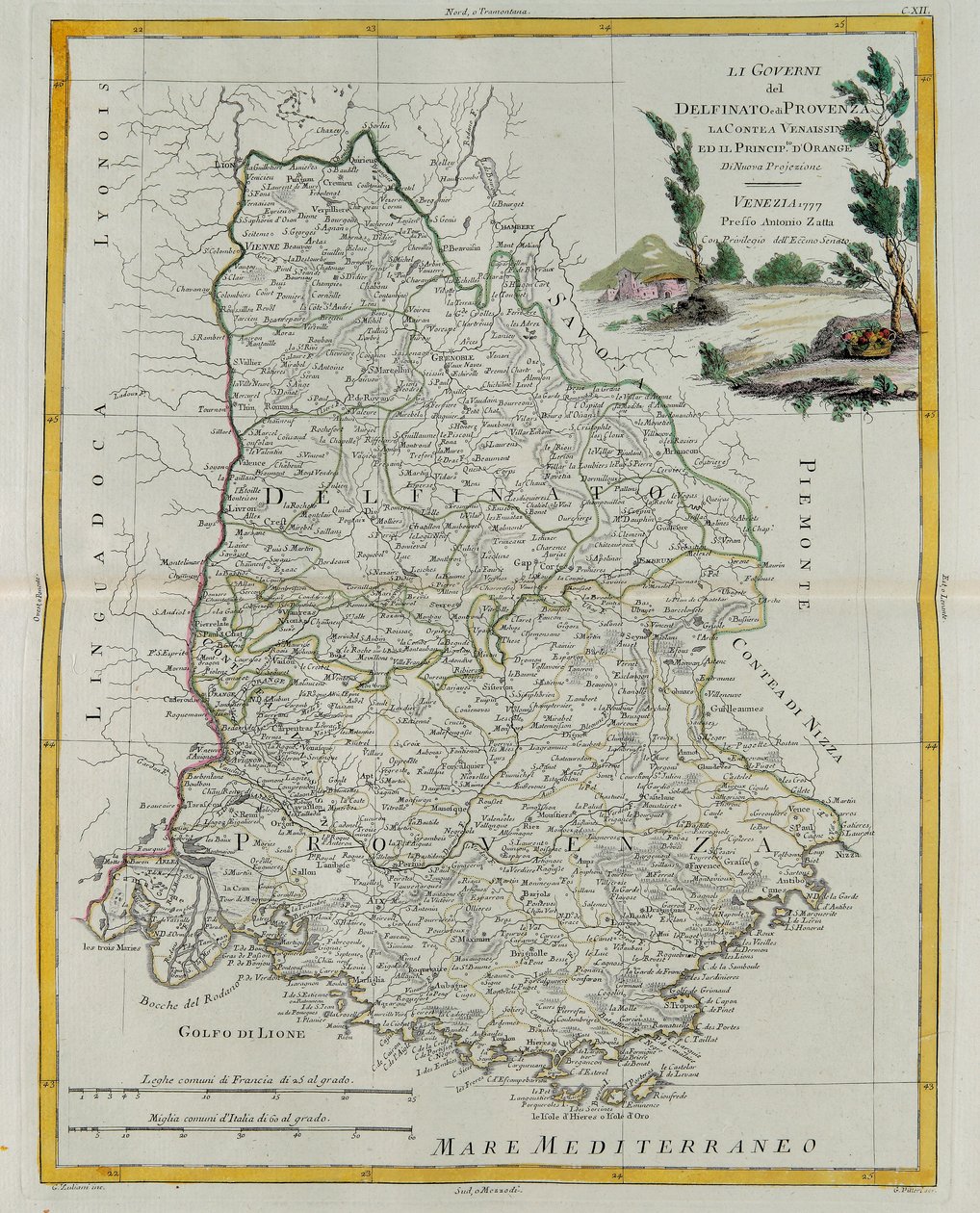 Governos de Delfim, Provença, Condado de Venaissin e Principado de Orange, gravura de G. Zuliani tirada de Tomé do Novo Atlas publicada em Veneza em 1777 por Antonio Zatta, Priv de G. Zuliani