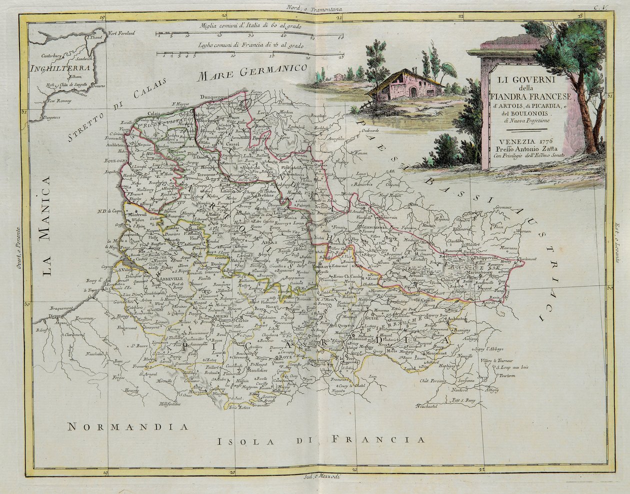 Governos da Flandres francesa, Artois, Picardia e Boulonois, gravura de G. Zuliani tirada de Tome I do mais novo Atlas publicada em Veneza em 1776 por Antonio Zatta, Coleção Particular de G. Zuliani