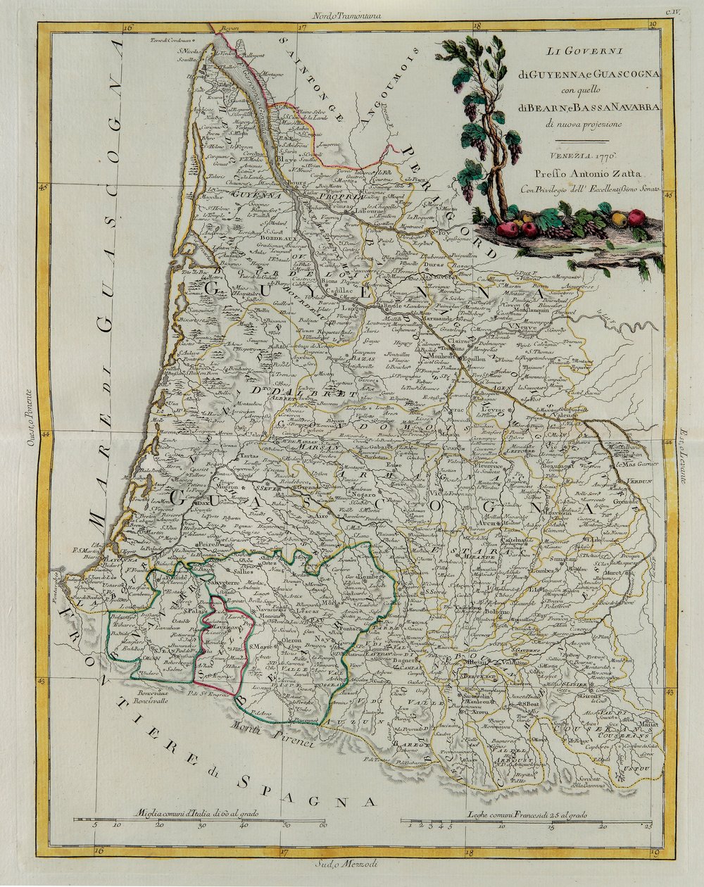 Governances of Guyenne and Guascogne com a de Bearn e Lower Navarre, gravura de G. Zuliani tirada de Tome I do Newest Atlas publicada em Veneza em 1776 por Antonio Zatta, Private Collectio de G. Zuliani