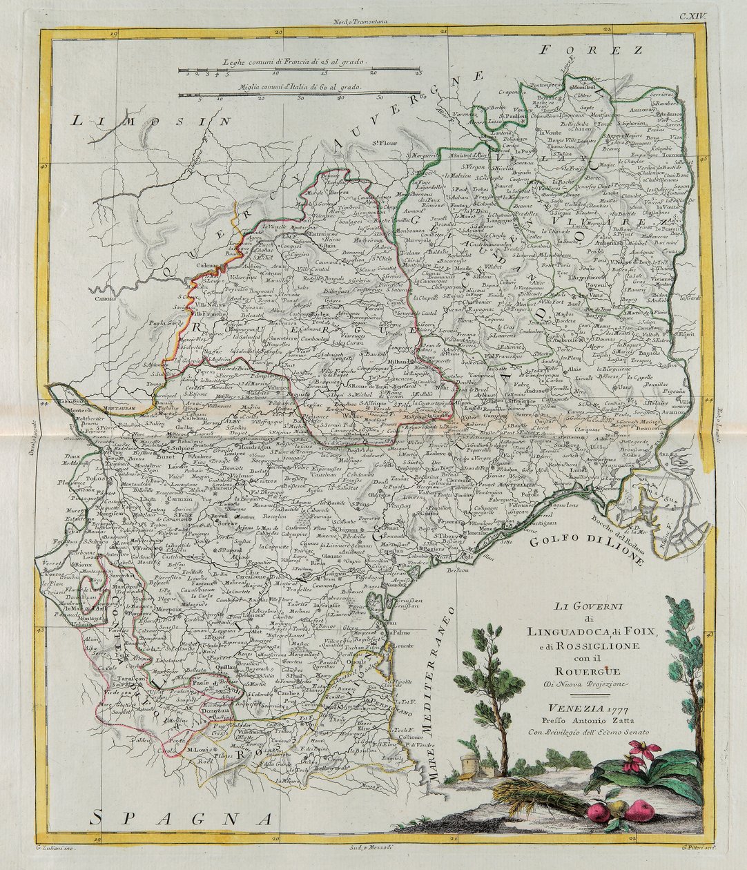 Governos de Langedoc, Foix e Roussillon com Rouergue, gravura de G. Zuliani tirada de Tome I do Atlas mais Novo publicada em Veneza em 1777 por Antonio Zatta, Coleção Particular de G. Zuliani