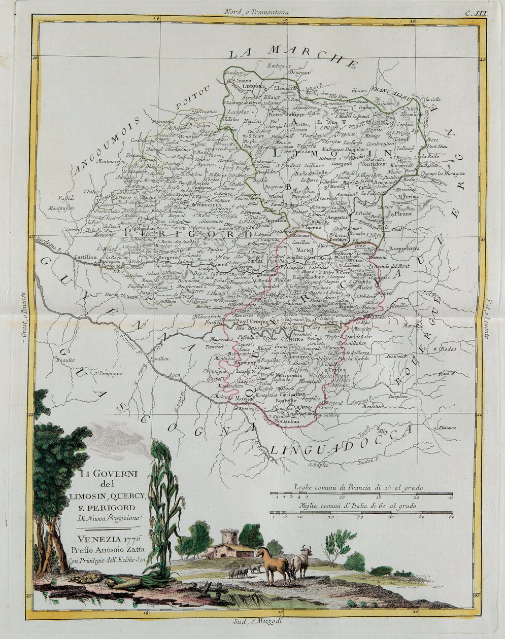Governos de Limosin, Quercy e Perigord, gravura de G. Zuliani tirada de Tome I do Atlas mais novo publicado em Veneza em 1776 por Antonio Zatta, Coleção Particular de G. Zuliani