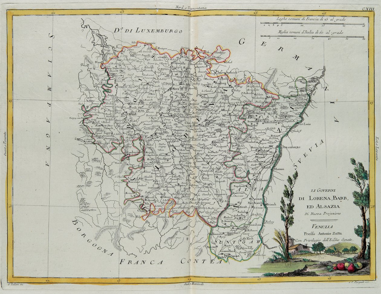 Governanças de Lorena, Barr e Alsácia, gravura de G. Zuliani tirada de Tome I do "Atlas Mais Recente" publicado em Veneza por Antonio Zatta, Coleção Particular de G. Zuliani
