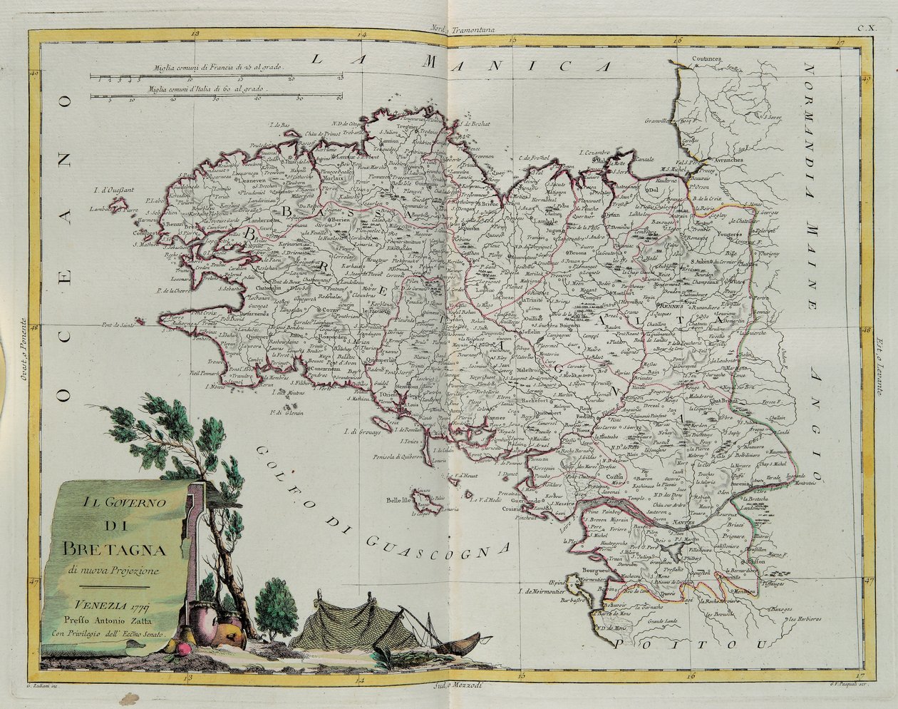 Golfo da Bretanha, gravado por G. Zuliani, tirado de Tomé do Novo Atlas publicado em Veneza em 1777 por Antonio Zatta, Coleção Particular de G. Zuliani