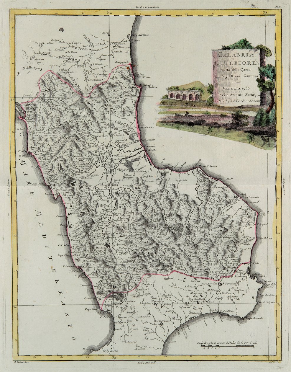Calábria, gravura de G. Zuliani tirada de Tome II do "Atlas Mais Recente" publicado em Veneza em 1783 por Antonio Zatta, Coleção Particular de G. Zuliani