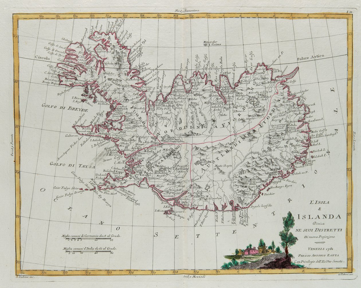 Islândia dividida em seus distritos, gravura de G. Zuliani tirada de Tomé III do "Atlas Mais Novo" publicado em Veneza em 1781 por Antonio Zatta, Coleção Particular de G. Zuliani