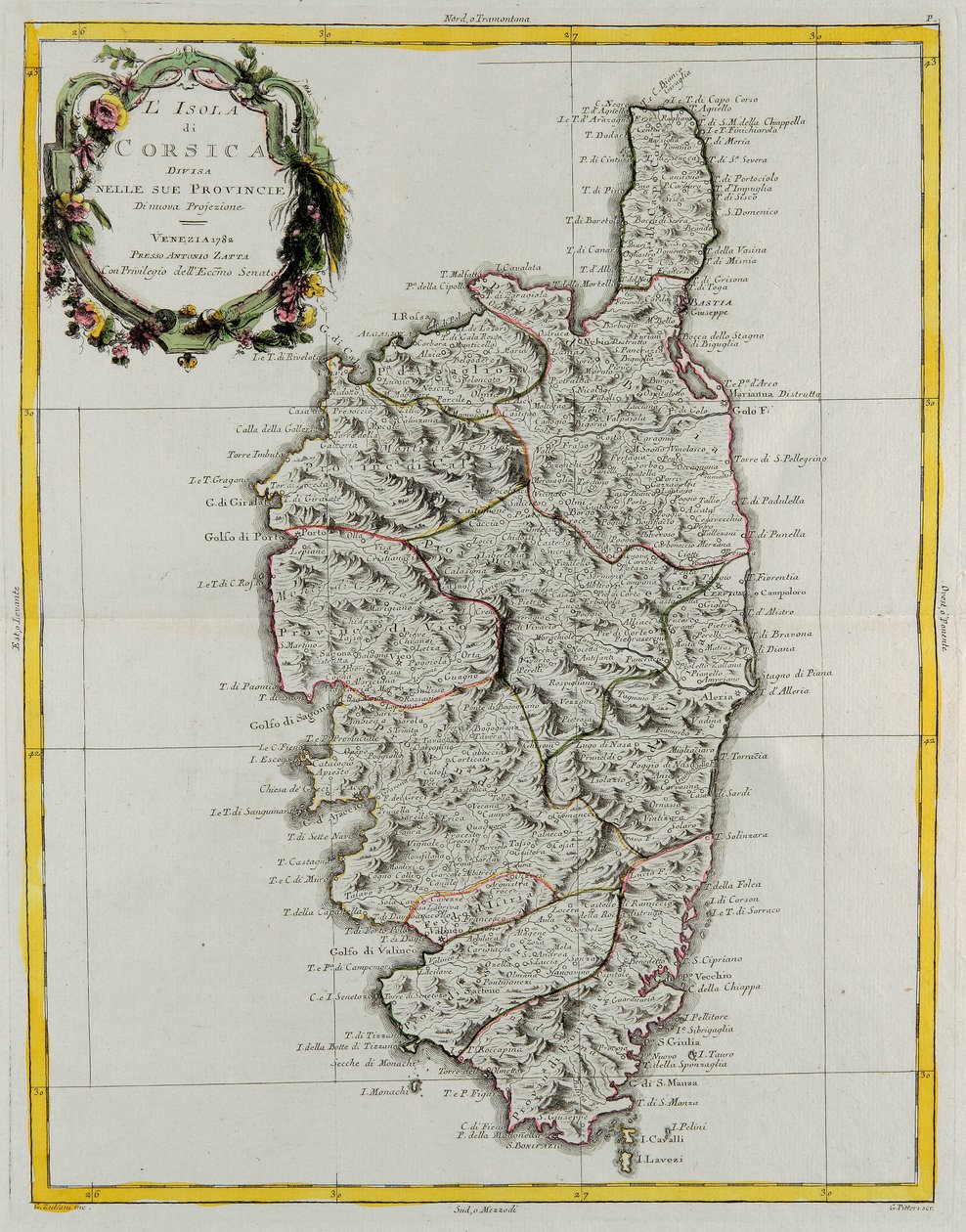 Ilha da Córsega dividida em suas províncias, gravura de G. Zuliani tirada de Tome II do "Atlas Mais Novo" publicado em Veneza em 1782 por Antonio Zatta, Coleção Particular de G. Zuliani
