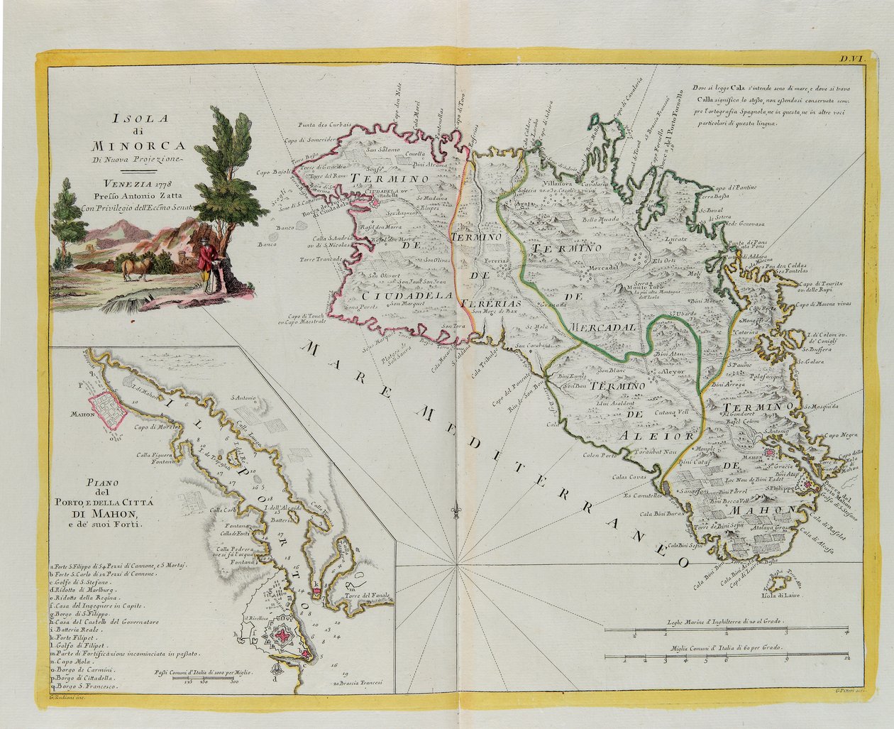 Ilha de Minorca e a planta do porto e da cidade de Mahon e seus fortes, gravura de G. Zuliani tirada de Tomé I do "Atlas Mais Novo" publicado em Veneza em 1778 por Antonio Zatta, Coleção Particular de G. Zuliani