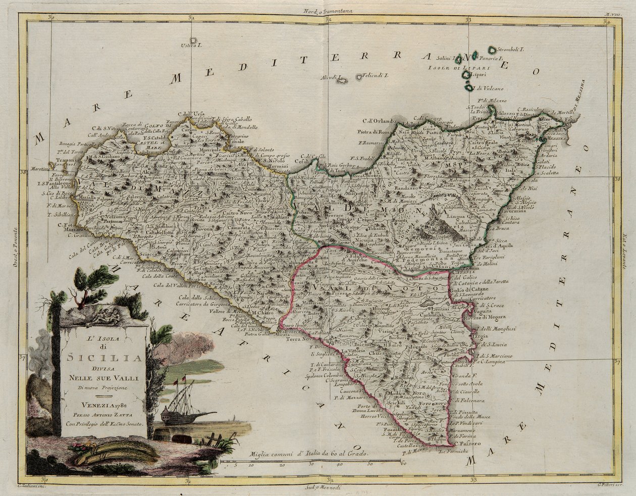 Ilha da Sicília, dividida em seus vales, gravada por G. Zuliani, tirada de Tomo II do Novo Atlas, publicada em Veneza em 1782 por Antonio Zatta, Coleção Particular de G. Zuliani