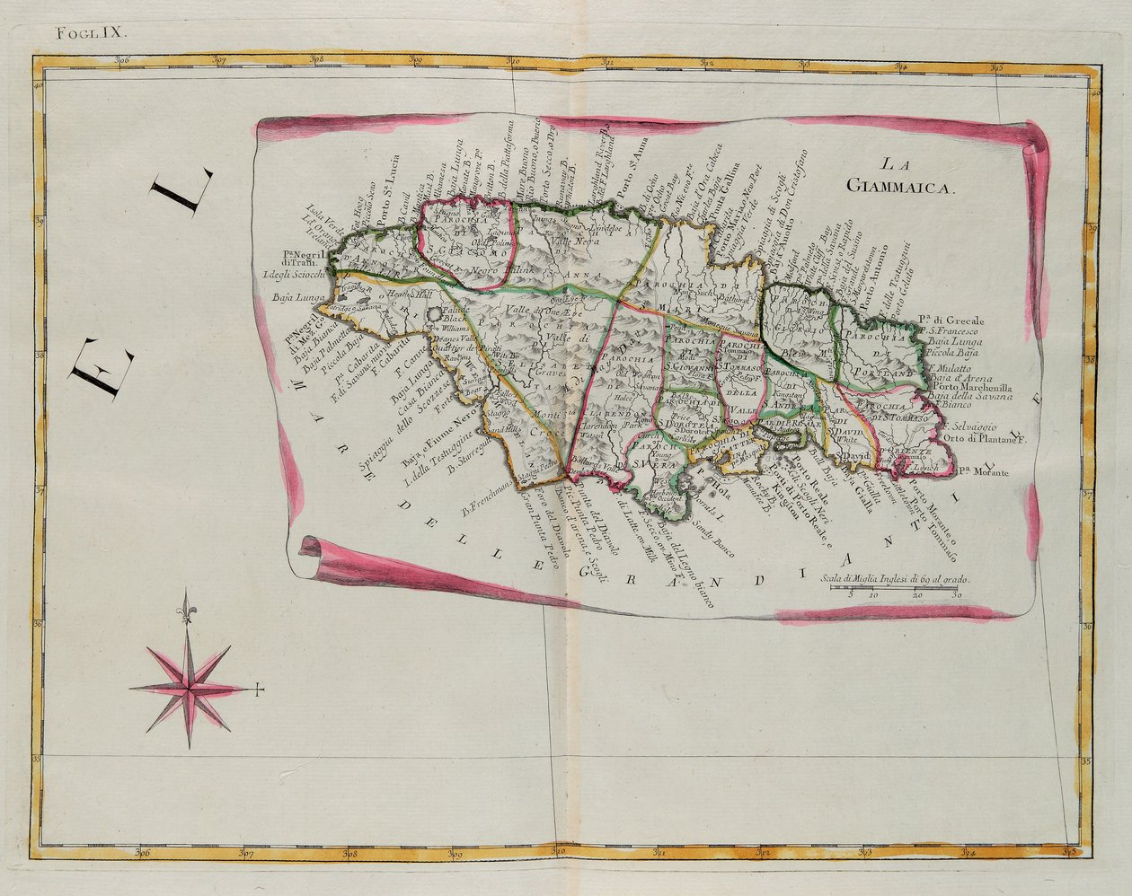 Jamaica, gravura de G. Zuliani tirada de Tome I do "Atlas Mais Novo" publicado em Veneza em 1778 por Antonio Zatta, Coleção Particular de G. Zuliani
