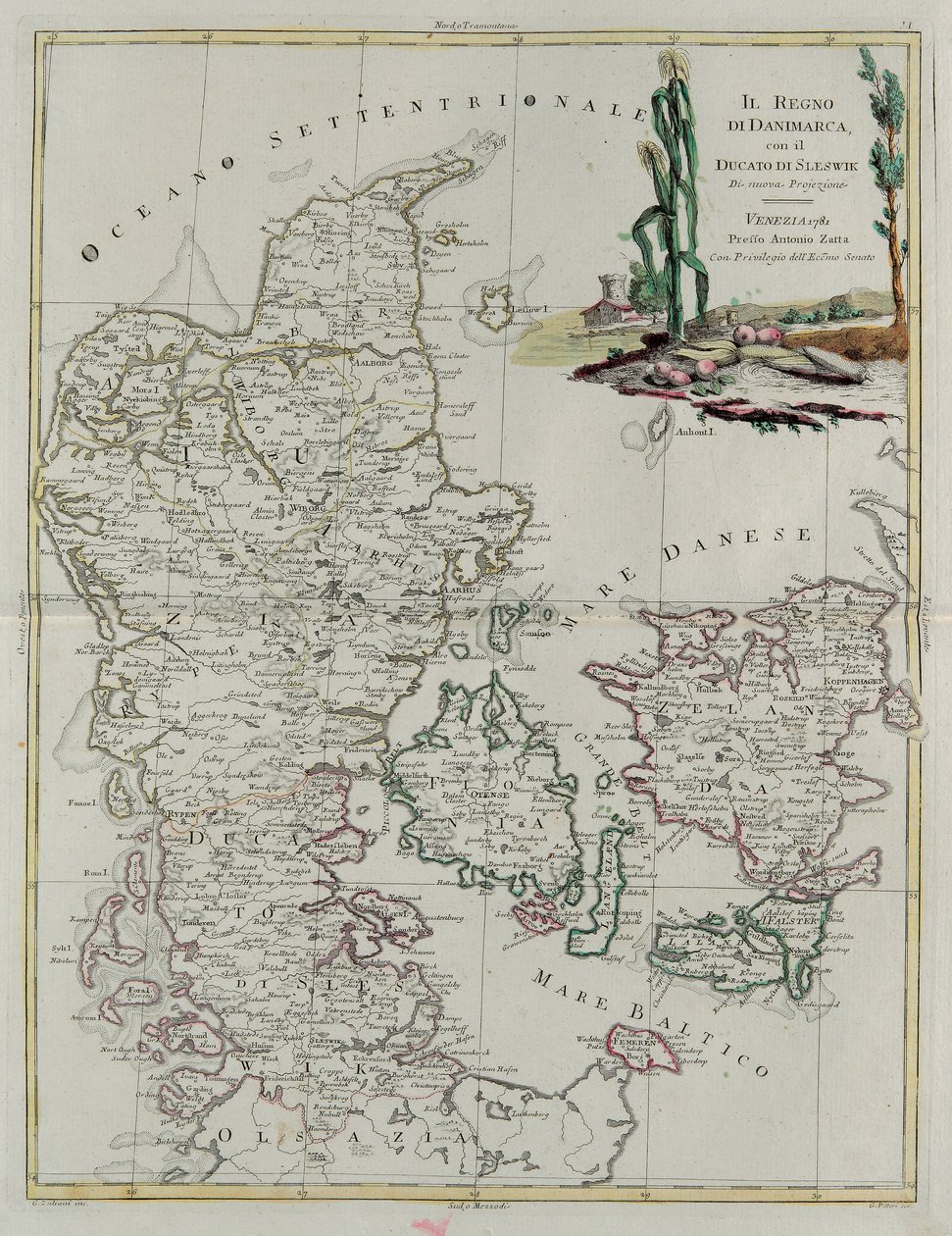 Reino da Dinamarca com o Ducado de Slesvik, gravura de G. Zuliani tirada de Tome III do "Atlas Mais Novo" publicado em Veneza em 1781 por Antonio Zatta, Coleção Particular de G. Zuliani
