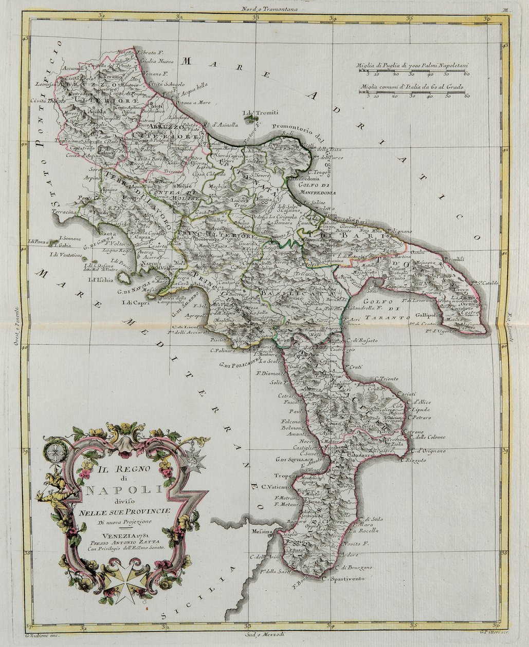 Reino de Nápoles dividido em suas províncias, gravura de G. Zuliani tirada de Tome II do "Atlas Mais Novo" publicado em Veneza em 1781 por Antonio Zatta, Coleção Particular de G. Zuliani