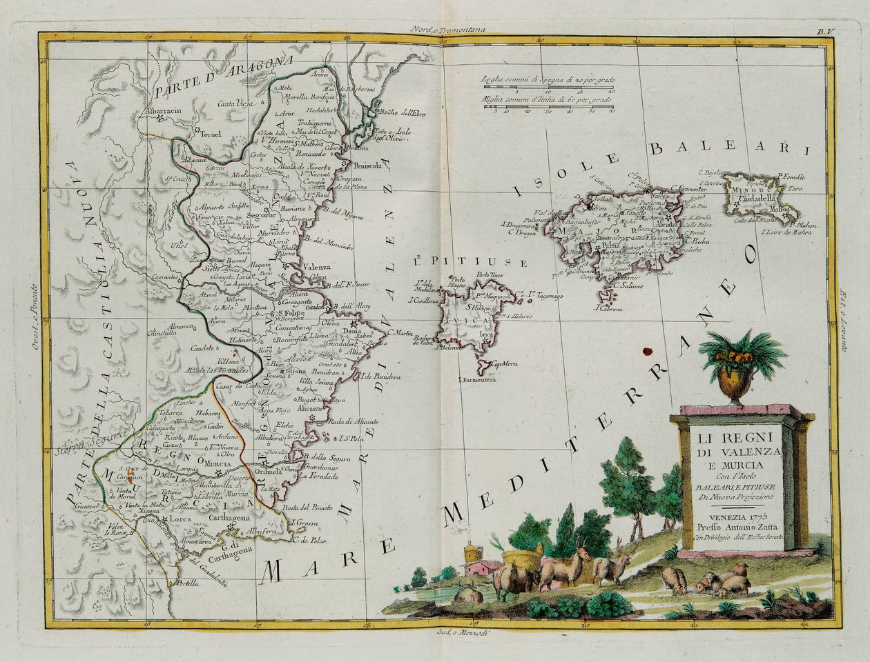 Reinos de Valência e Múrcia com as Ilhas Baleari e Pitiuse, gravura de G. Zuliani tirada de Tomé I do Atlas mais Novo publicada em Veneza em 1775 por Antonio Zatta, Coleção Particular de G. Zuliani
