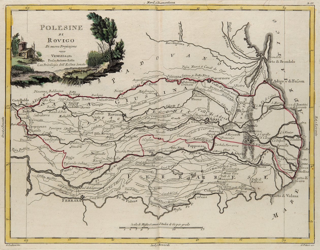 Área do Estado do Veneto: área de Rovigo, gravura de G. Zuliani tirada de Tome II do "Atlas mais Novo" publicado em Veneza em 1782 por Antonio Zatta, Coleção Particular de G. Zuliani