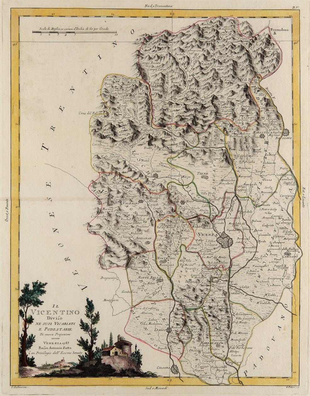 Área terrestre do Estado do Veneto: área de Vicenza dividida em bispados e magistrados, gravura de G. Zuliani tirada de Tome II do "Atlas Mais Novo" publicado em Veneza em 1782 por Antonio Zatta, Coleção Particular de G. Zuliani