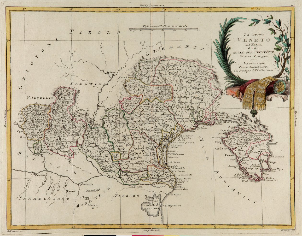 Área territorial do Estado do Veneto, dividida em suas Províncias, gravura de G. Zuliani tirada de Tome II do "Atlas Mais Novo" publicado em Veneza em 1782 por Antonio Zatta, Coleção Particular de G. Zuliani