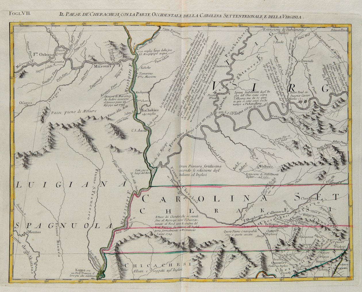 Terra dos Cherokees com a parte ocidental da Carolina do Norte e Virgínia, gravura de G. Zuliani tirada de Tome I do "Atlas Mais Recente" publicado em Veneza em 1778 por Antonio Zatta, Coleção Particular de G. Zuliani