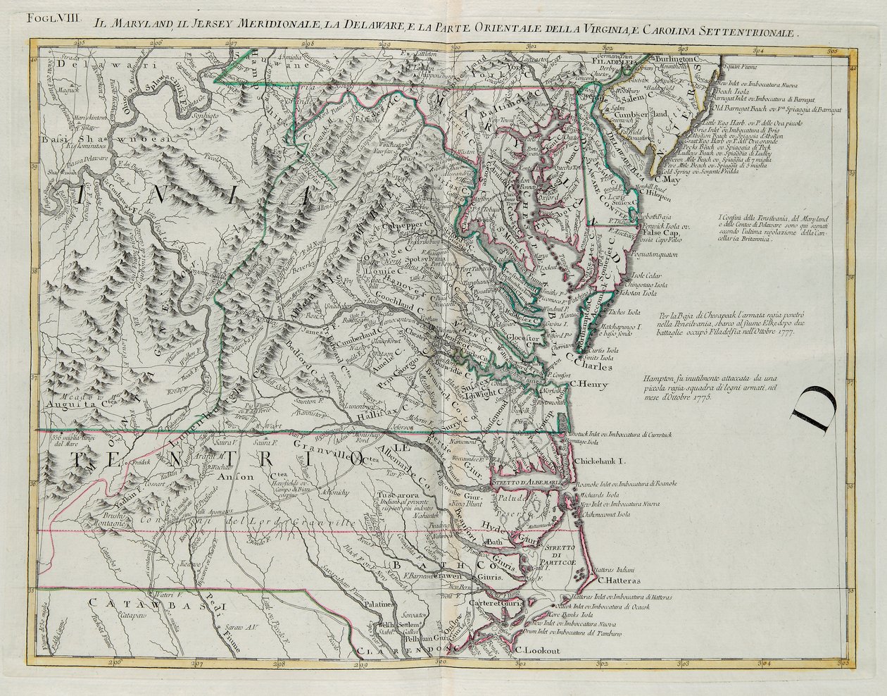 Maryland, sul de Nova Jersey, Delaware e a parte oriental da Virgínia e Carolina do Norte, gravura de G. Zuliani tirada de Tome I do "Atlas Mais Novo" publicado em Veneza em 1778 por Antonio Zatta, Private Collection de G. Zuliani