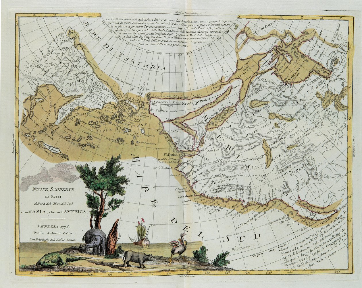 Novas descobertas pelos russos ao norte dos mares do sul. tanto na Ásia como na América, gravada por G. Zuliani tirada de Tomé do Novo Atlas publicada em Veneza em 1776 por Antonio Zatta, de G. Zuliani