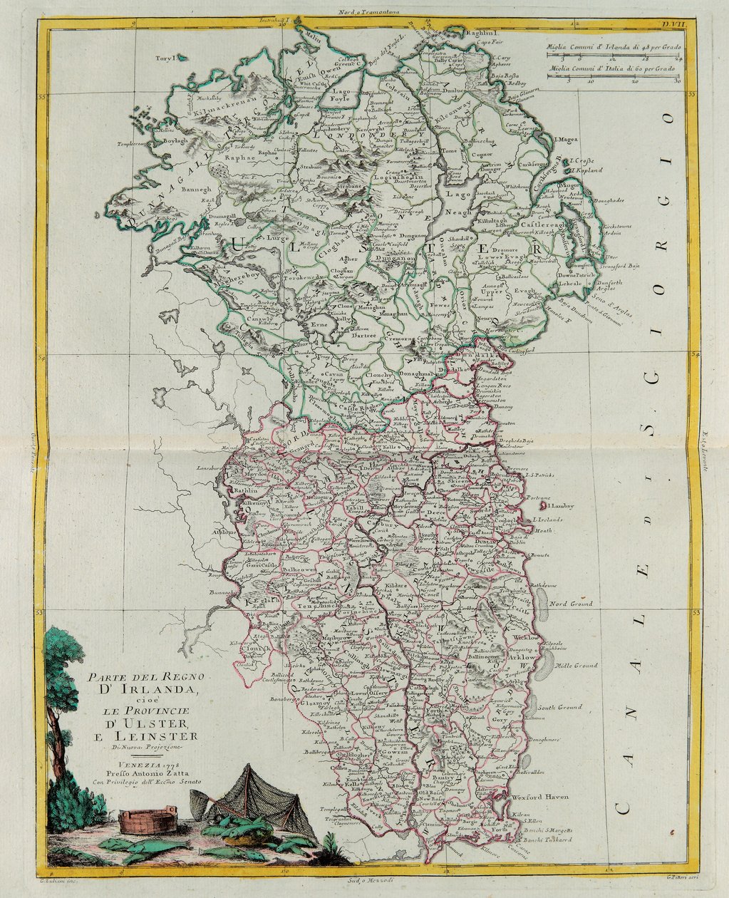 Parte do Reino da Irlanda, ou seja, as províncias de Ulster e Leinster, gravura de G. Zuliani tirada de Tome I do "Atlas Mais Recente" publicado em Veneza em 1778 por Antonio Zatta, Coleção Particular de G. Zuliani