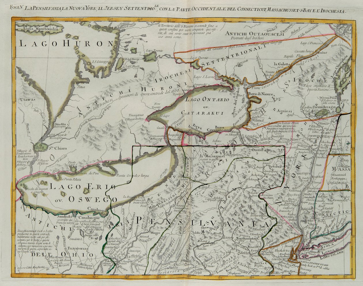 Pensilvânia, Nova Iorque, sul de Nova Jersey, com a parte ocidental de Connecticut, Massachusetts Bay e Land of the Iroquois, gravura de G. Zuliani tirada de Tome I do "Newest Atlas" publicado em Veneza em 1778 por Antonio Zatta, Private Collection de G. Zuliani