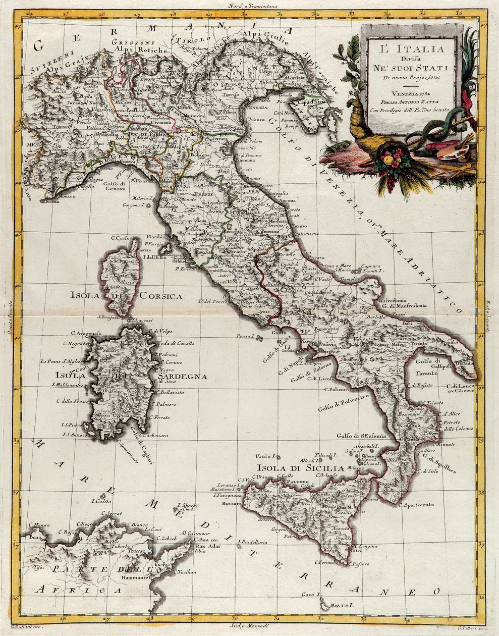 Mapa político da Itália, gravura de G. Zuliani tirada de Tome II do "Atlas mais recente" publicado em Veneza em 1782 por Antonio Zatta, Coleção Particular de G. Zuliani