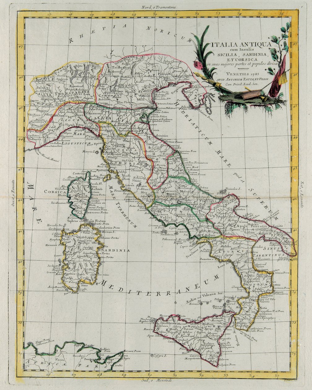 Mapa político da Itália, gravura de G. Zuliani tirada do Volume IV do "Atlas Novissimo" publicado em Veneza em 1785 por Antonio Zatta, Coleção Particular de G. Zuliani