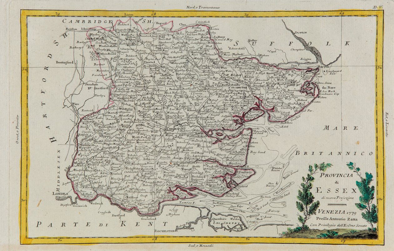 Província de Essex, gravura de G. Zuliani tirada de Tome I do "Atlas Mais Recente" publicado em Veneza em 1779 por Antonio Zatta, Coleção Particular de G. Zuliani