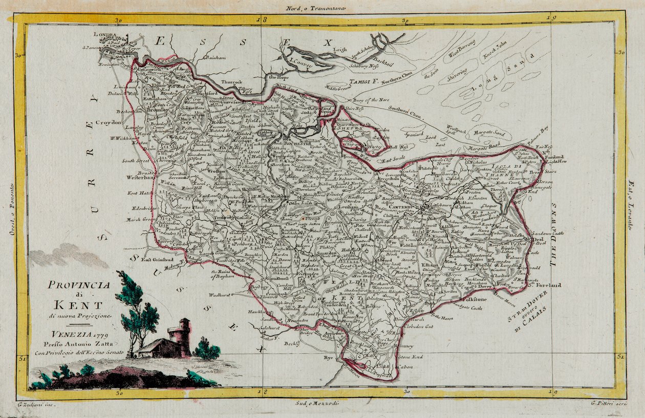 Província de Kent, gravura de G. Zuliani tirada de Tomé I do "Atlas Mais Novo" publicado em Veneza em 1779 por Antonio Zatta, Coleção Particular de G. Zuliani