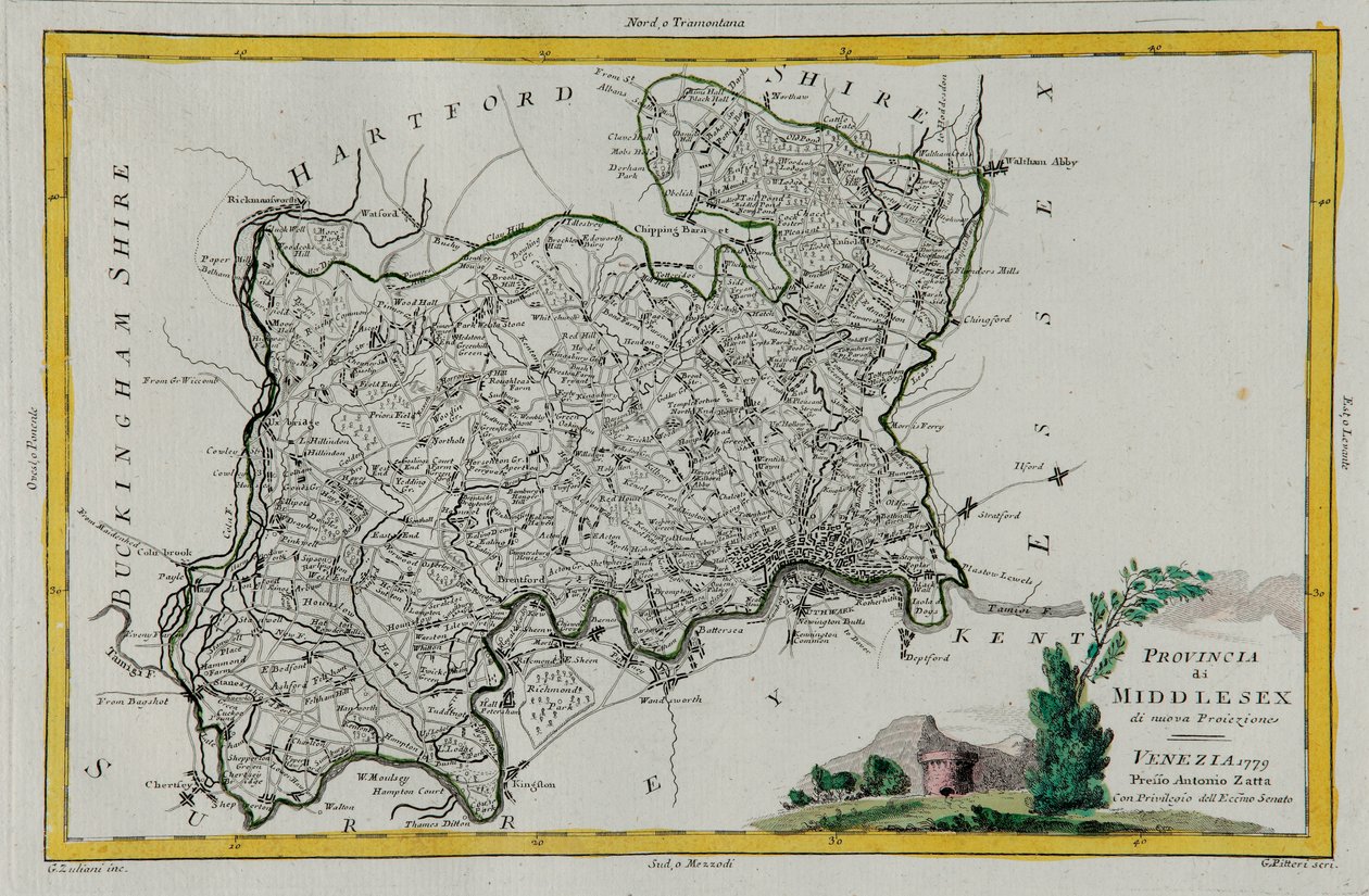Província de Middlesex, gravura de G. Zuliani tirada de Tome I do "Atlas Mais Recente" publicado em Veneza em 1779 por Antonio Zatta, Coleção Particular de G. Zuliani