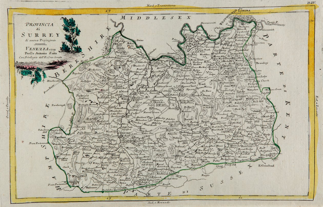 Província de Surrey, gravura de G. Zuliani tirada de Tome I do "Atlas Mais Novo" publicado em Veneza em 1779 por Antonio Zatta, Coleção Particular de G. Zuliani