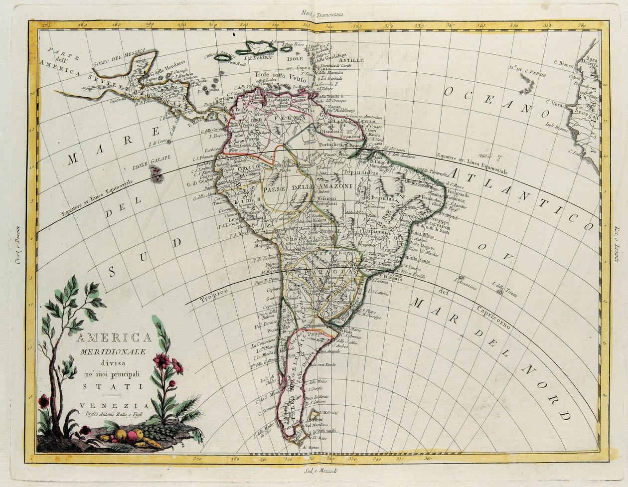 América do Sul dividida em seus principais Estados, gravura de G. Zuliani tirada de Tome IV do "Atlas Mais Recente" publicado em Veneza por Antonio Zatta, Coleção Particular de G. Zuliani
