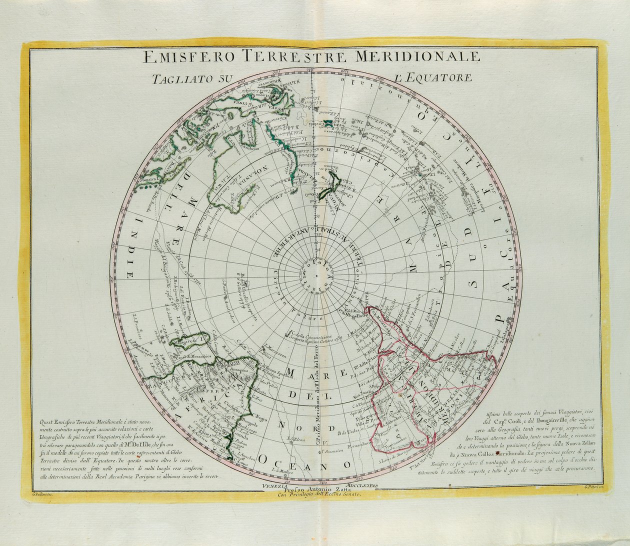 Hemisfério Sul da Terra cortada no equador, gravada por G. Zuliani tirada de Tomé I do Atlas mais Novo publicada em Veneza em 1779 por Antonio Zatta de G. Zuliani