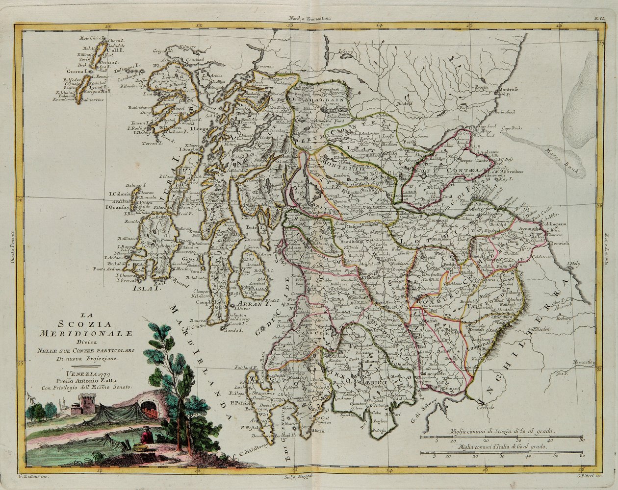 Sul da Escócia dividida em seus condados, gravura de G. Zuliani tirada de Tome I do "Atlas Mais Novo" publicado em Veneza em 1779 por Antonio Zatta, Coleção Particular de G. Zuliani