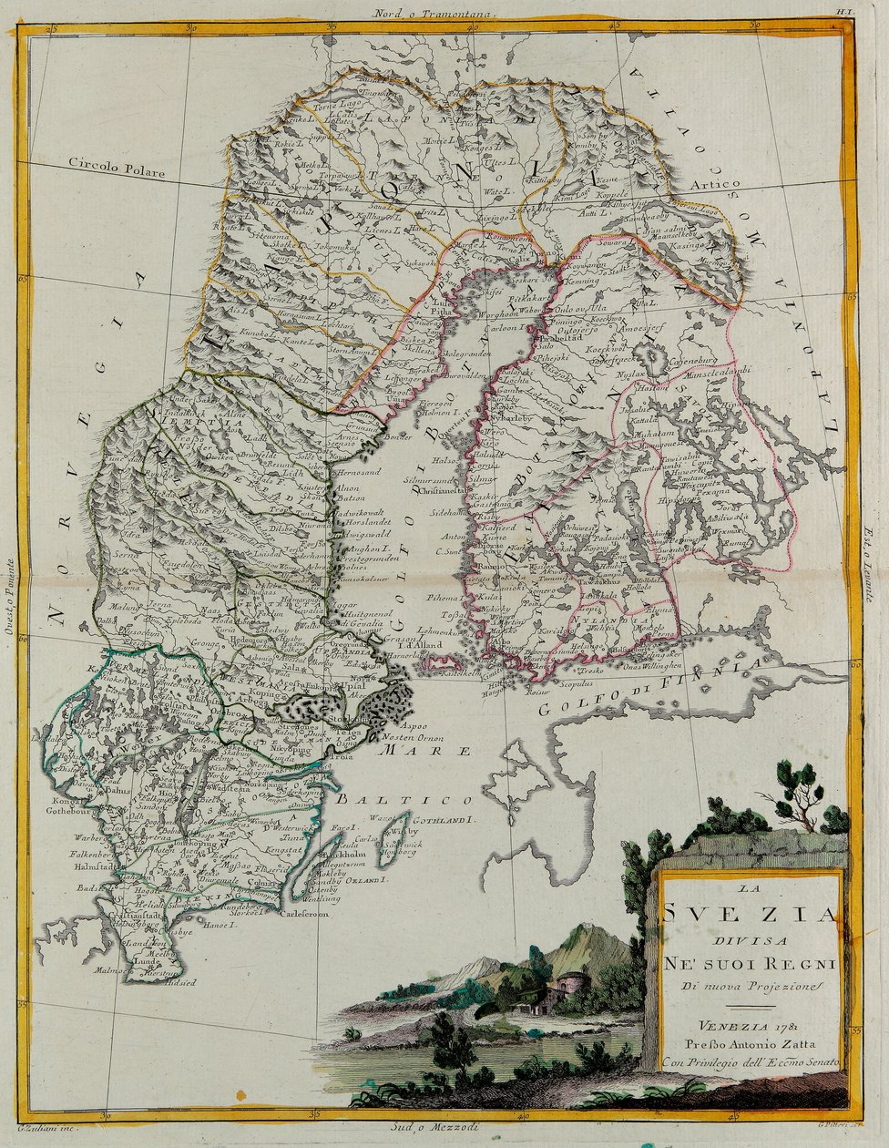 Suécia dividida em seus reinos, gravura de G. Zuliani tirada de Tome III do "Atlas Mais Recente" publicado em Veneza em 1781 por Antonio Zatta, Coleção Particular de G. Zuliani