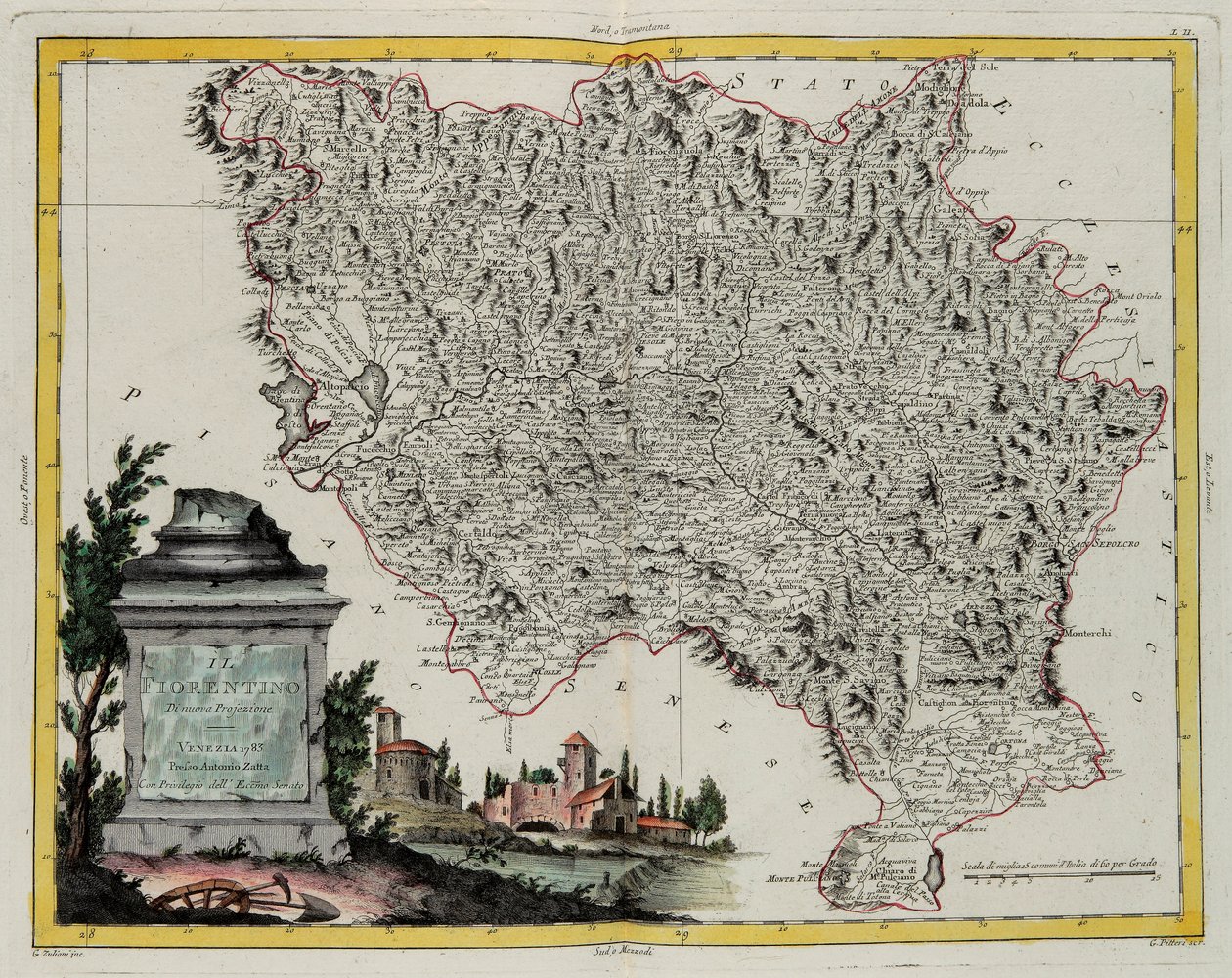 Território de Florença, gravura de G. Zuliani tirada de Tome II do "Atlas Mais Novo" publicado em Veneza em 1783 por Antonio Zatta, Coleção Particular de G. Zuliani