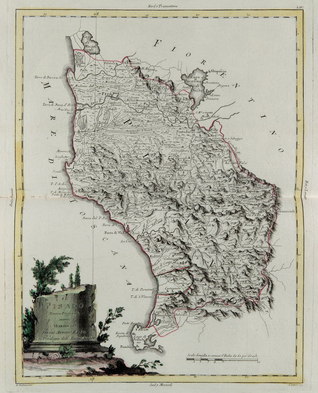 Território de Pisa, gravura de G. Zuliani tirada de Tome II do "Atlas Mais Novo" publicado em Veneza em 1783 por Antonio Zatta, Coleção Particular de G. Zuliani