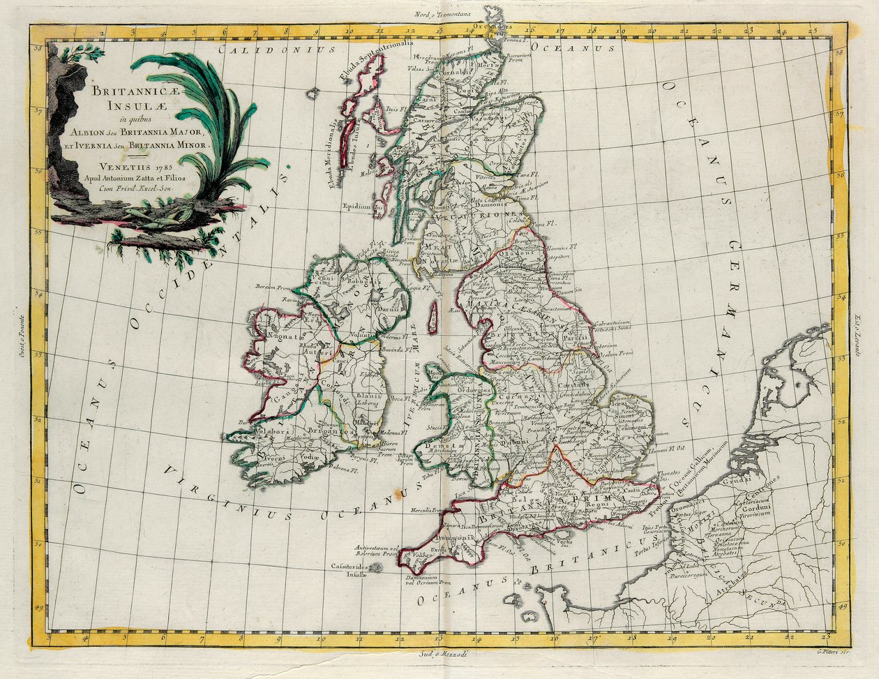 As Ilhas Britânicas em que se encontram Albion ou Grã-Bretanha e Ivernia ou Grã-Bretanha Menor, gravura de G. Zuliani tirada de Tome I do Atlas mais novo publicado em Veneza em 1785 por Antonio Zatta de G. Zuliani