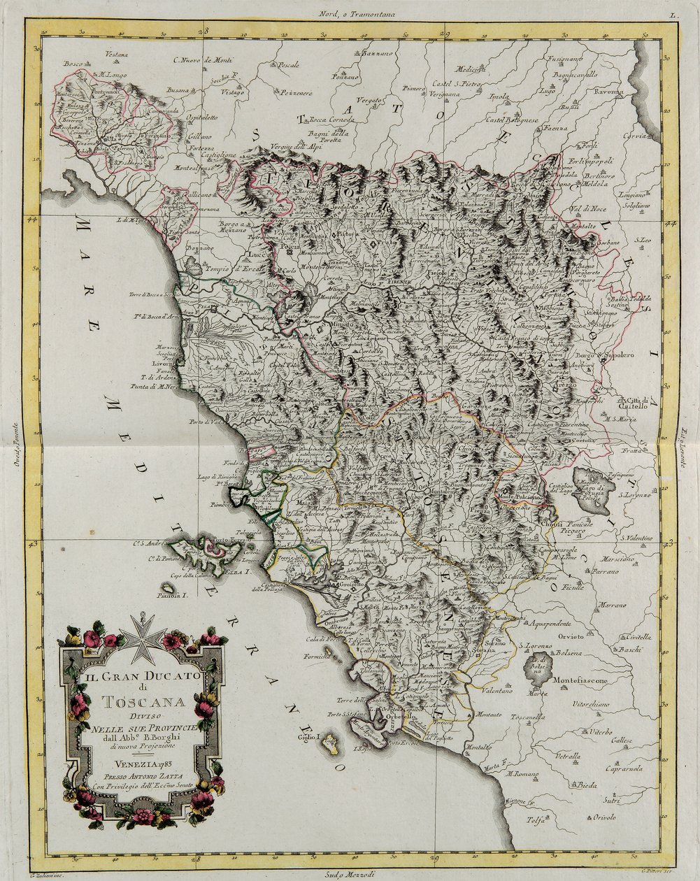 O Grão-Ducado da Toscana dividido em suas províncias, gravura de G. Zuliani tirada de Tome II do "Atlas Mais Novo" publicado em Veneza em 1783 por Antonio Zatta, Coleção Particular de G. Zuliani