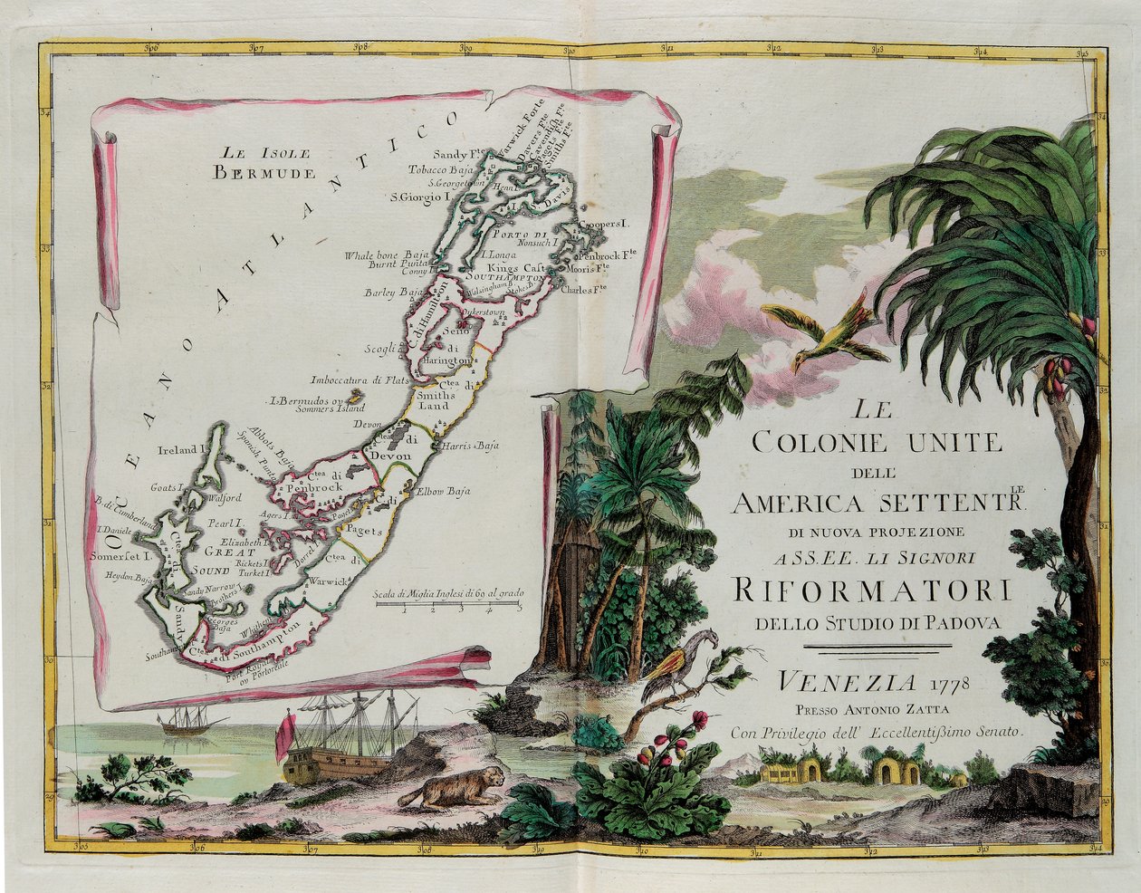 As Ilhas das Bermudas e o frontispício da secção dedicada às Colónias Unidas da América do Norte, gravura de G. Zuliani tirada de Tomé I do "Atlas mais recente" publicado em Veneza em 1778 por Antonio Zatta, Colecção Privada de G. Zuliani