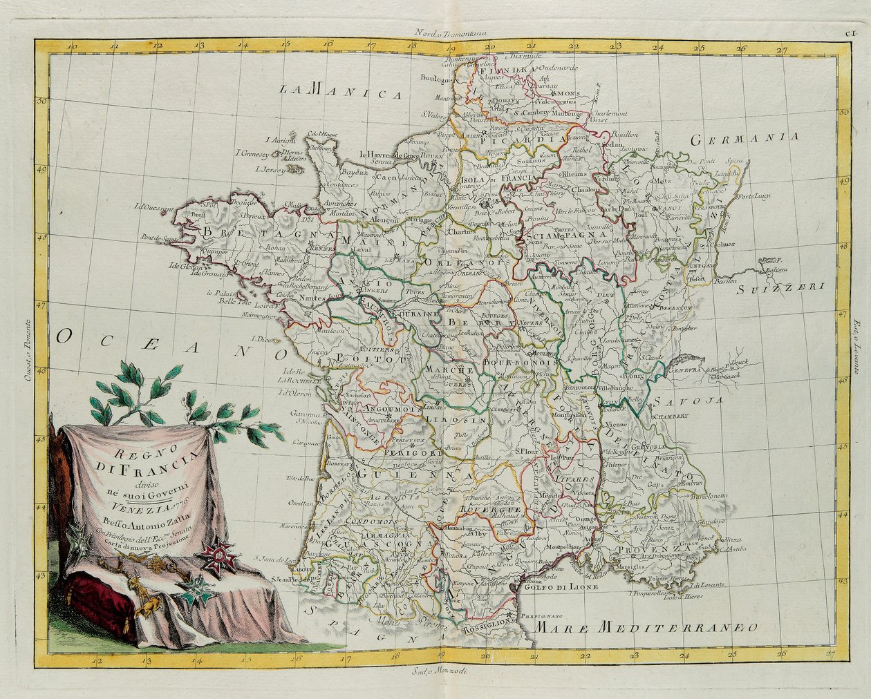 O Reino da França dividiu-se em suas governanças, gravadas por G. Zuliani, tiradas de Tomé do Novo Atlas, publicado em Veneza em 1776 por Antonio Zatta, Coleção Particular. de G. Zuliani