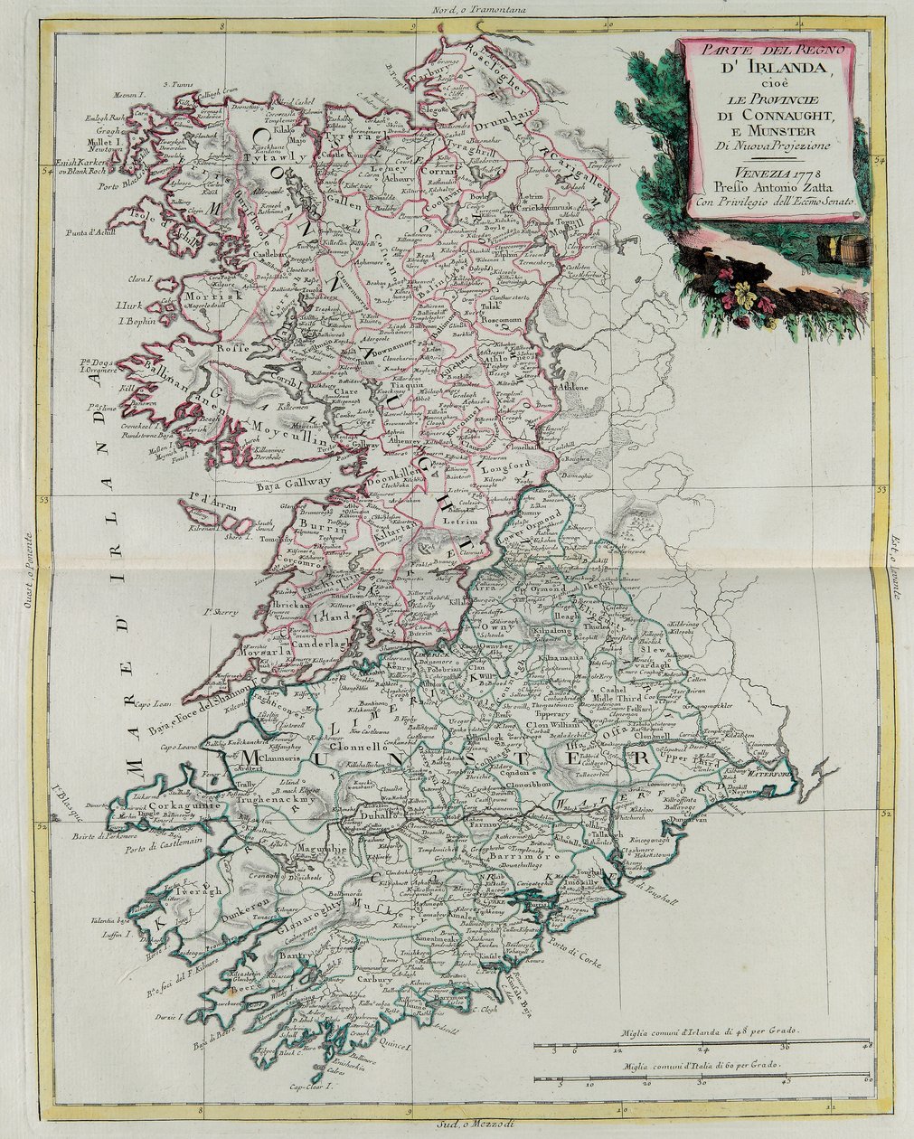 O Reino da Irlanda que as províncias de Munster e Connaught, gravada por G. Zuliani é do Volume I do Atlas Novissimo "publicado em Veneza em 1778 por Antonio Zatta, Private Collection de G. Zuliani