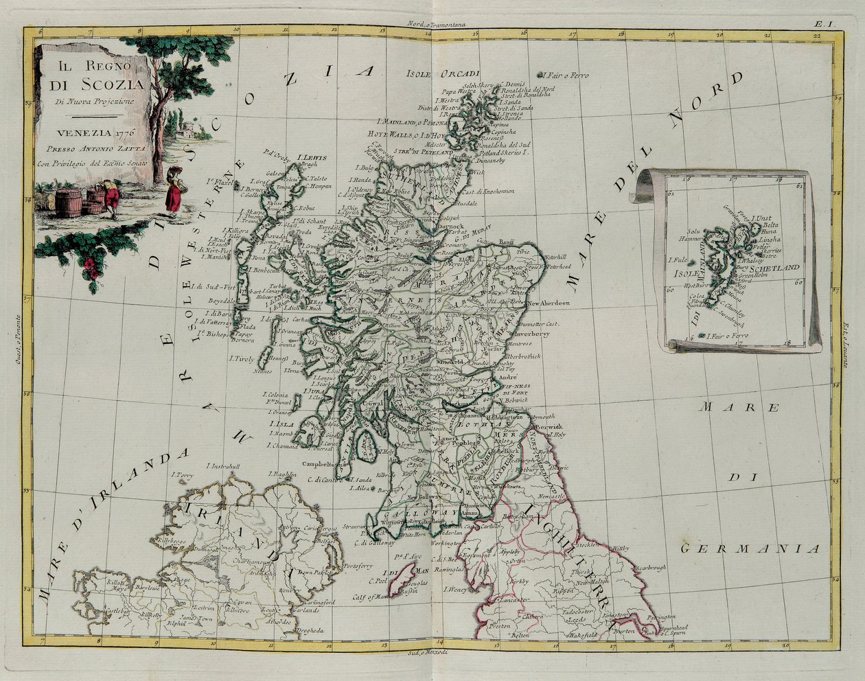 O Reino da Escócia, gravada por G. Zuliani, tirada de Tomé do Novo Atlas, publicada em Veneza em 1776 por Antonio Zatta, Coleção Particular de G. Zuliani